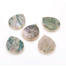 Honeyhandy Natural Moss Agate Pendants, with Brass Findings, Teardrop, Golden, 41~41.5x32x2mm, Hole: 1.5mm