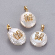 Honeyhandy Natural Cultured Freshwater Pearl Pendants, with Brass Micro Pave Cubic Zirconia Findings, Nuggets with Letter, Long-Lasting Plated, Golden, Clear, Letter.M, 17~27x12~16x6~12mm, Hole: 4x2.5mm