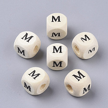 Honeyhandy Printed Natural Wood Beads, Horizontal Hole, Cube with Initial Letter, PapayaWhip, Letter.M, 10x10x10mm, Hole: 3.5mm, about 1000pcs/500g