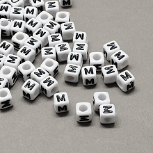 Honeyhandy Large Hole Acrylic Letter European Beads, Horizontal Hole, White & Black, Cube with Letter.M, 6x6x6mm, Hole: 4mm