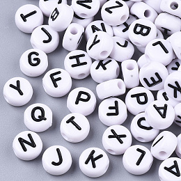 Honeyhandy White Opaque Acrylic Beads, Horizontal Hole, Flat Round with Letter, Black, Letter, 7x4mm, Hole: 1.8mm, about 3900pcs/500g