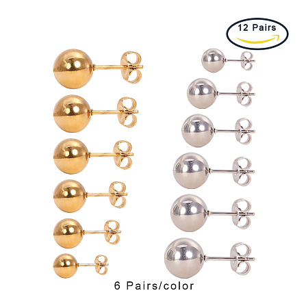 PandaHall Elite 12 Pairs of 316 Stainless Steel Ball Stud Earrings Sets Assorted Sizes in Diameter 2-8mm for Women's Jewelry Platinum Golden