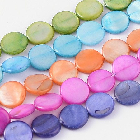 Natural Shell Beads Strands, Flat Round, Dyed, Mixed Color, about 10mm in diameter, hole: 0.5mm; about 40 pcs/strand, 16 inches