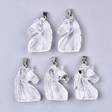 Honeyhandy Carved Natural Quartz Crystal Pendants, with Stainless Steel Bails, Unicorn, Stainless Steel Color, 38~41x11~14x24~25mm, Hole: 9x4mm