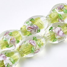 Honeyhandy Handmade Silver Foil Glass Lampwork Beads, Oval with Flower, Green Yellow, 16~17x9~11mm, Hole: 1.5~2mm