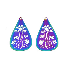 Honeyhandy Rainbow Color 201 Stainless Steel Pendants, Etched Metal Embellishments, Teardrop with Flower, Rainbow Color, 35x20.5x0.3mm, Hole: 1.4mm