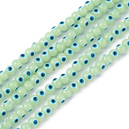 Baking Painted Glass Beads, Round with Evil Eye, Light Green, 6x5mm, Hole: 1.2mm, about 63~68pcs/strand, 13.70~15.04(34.8~38.2cm)