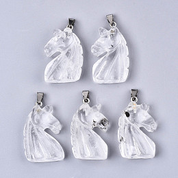 Honeyhandy Carved Natural Quartz Crystal Pendants, with Stainless Steel Bails, Unicorn, Stainless Steel Color, 38~41x11~14x24~25mm, Hole: 9x4mm