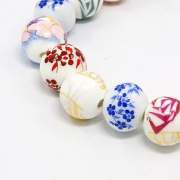 Honeyhandy Mixed Styles Handmade Flower Printed Porcelain Ceramic Round Beads Strands, Mixed Color, 9.5~10mm, Hole: 1mm, about 35pcs/strand, 12.7 inch