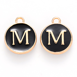 Honeyhandy Golden Plated Alloy Charms, Cadmium Free & Lead Free, with Enamel, Enamelled Sequins, Flat Round with Letter, Black, Letter.M, 14x12x2mm, Hole: 1.5mm