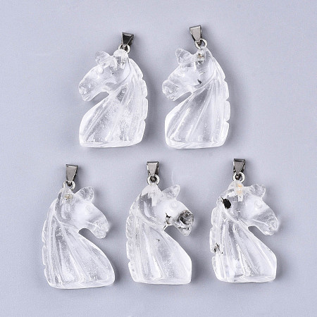 Honeyhandy Carved Natural Quartz Crystal Pendants, with Stainless Steel Bails, Unicorn, Stainless Steel Color, 38~41x11~14x24~25mm, Hole: 9x4mm
