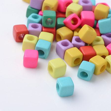 Arricraft Solid Color Acrylic European Beads, Cube Large Hole Beads, Mixed Color, 7x7x7mm, Hole: 4mm, about 1900pcs/500g