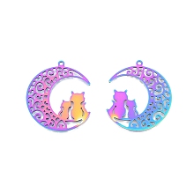 Ion Plating(IP) 201 Stainless Steel Pendants, Moon with Cat, Rainbow Color, 32.5x29x1.5mm, Hole: 1.5mm