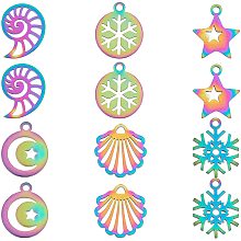 UNICRAFTALE 12pcs 6 Styles Conch/Shell/Star/Flat Round/Snowflake Pendants 201 Stainless Steel Charms Multi-Color Hollow Charm for DIY Necklace Jewelry Making