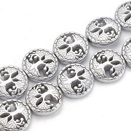 Honeyhandy Electroplate Non-magnetic Synthetic Hematite Beads Strands, Flat Round with Tree of Life, Platinum Plated, 12~12.5x4~4.5mm, Hole: 1mm, about 30pcs/strand, 14.56 inch