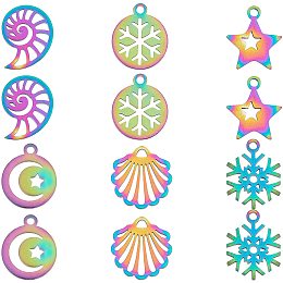 UNICRAFTALE 12pcs 6 Styles Conch/Shell/Star/Flat Round/Snowflake Pendants 201 Stainless Steel Charms Multi-Color Hollow Charm for DIY Necklace Jewelry Making