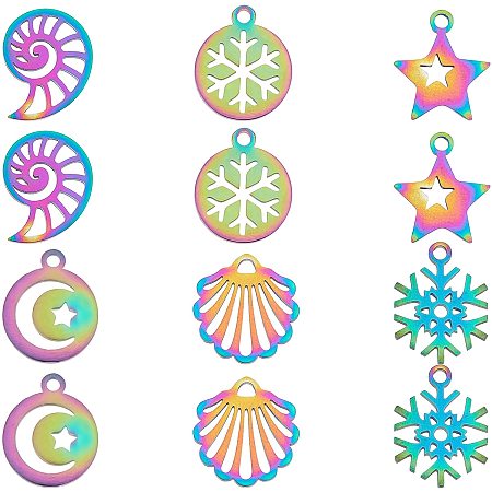 UNICRAFTALE 12pcs 6 Styles Conch/Shell/Star/Flat Round/Snowflake Pendants 201 Stainless Steel Charms Multi-Color Hollow Charm for DIY Necklace Jewelry Making