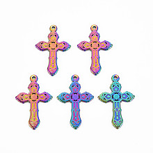 Rainbow Color 304 Stainless Steel Pendants, Cross, Multi-color, 31x19.5x1mm, Hole: 1.6mm