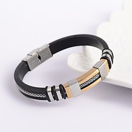 Honeyhandy Trendy Unisex Black Color PU Leather Cord Bracelets, with 304 Stainless Steel Slider Charms and Watch Band Clasps, Golden & Stainless Steel Color, 215x9~12mm