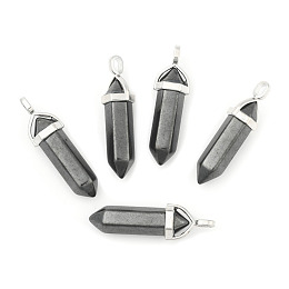 Honeyhandy Natural Black Stone Double Terminated Pointed Pendants, with Random Alloy Pendant Hexagon Bead Cap Bails, Bullet, Platinum, 36~45x12mm, Hole: 3x5mm, Gemstone: 10mm in diameter