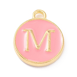 Honeyhandy Golden Plated Alloy Enamel Charms, Enamelled Sequins, Flat Round with Alphabet, Letter.M, Pink, 14x12x2mm, Hole: 1.5mm