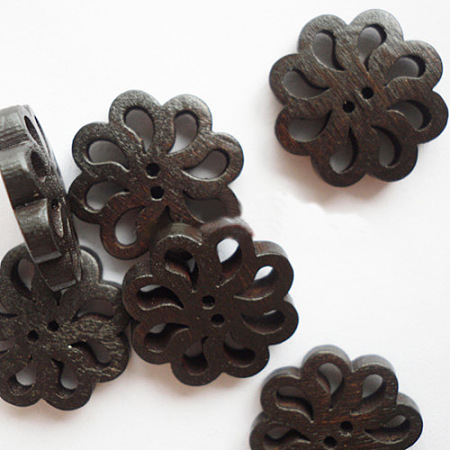 Honeyhandy Carved Buttons in Flower Shape, Wooden Buttons, Coffee, 19mm long, 19mm wide 4.5mm thick hole: 1mm,
