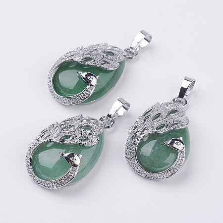 Honeyhandy Natural Green Aventurine Pendants, with Brass Finding, Teardrop with Peacock, Platinum, 33x20x10.5mm, Hole: 5x6.5mm