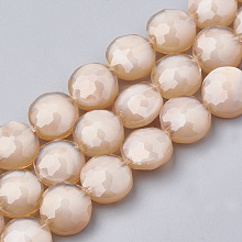 Honeyhandy Opaque Solid Color Glass Beads Strands, Faceted, Flat Round, Navajo White, 14x8mm, Hole: 1~1.2mm, about 25pcs/strand, 13.77 inch(35cm)