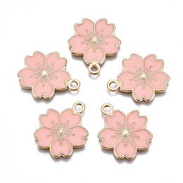 Honeyhandy Alloy Enamel Pendants, Sakura Flower, Light Gold, Misty Rose, 20.5x17.5x1.5mm, Hole: 2mm