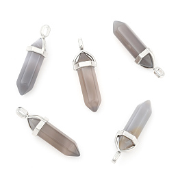 Honeyhandy Natural Grey Agate Double Terminated Pointed Pendants, with Random Alloy Pendant Hexagon Bead Cap Bails, Bullet, Platinum, 37~40x12mm, Hole: 3mm