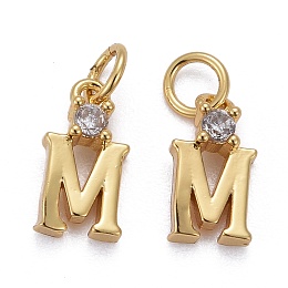 Honeyhandy Brass Micro Pave Clear Cubic Zirconia Pendants, with Jump Rings, Real 18K Gold Plated, Long-Lasting Plated, Letter, Letter.M, 10x5x2mm