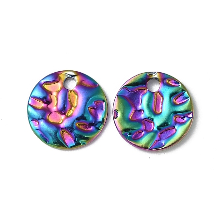 Ion Plating(IP) 304 Stainless Steel Charms, Textured, Flat Round Charm, Rainbow Color, 10x1mm, Hole: 1.4mm
