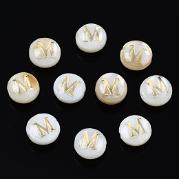 Honeyhandy Natural Freshwater Shell Beads, with Golden Plated Brass Etched Metal Embellishments, Flat Round with Letter, Seashell Color, Letter.M, 6x4mm, Hole: 0.8mm