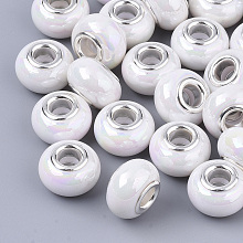 Honeyhandy Opaque Resin European Beads, Large Hole Beads, Imitation Porcelain, with Platinum Tone Brass Double Cores, AB Color, Rondelle, White, 14x9mm, Hole: 5mm