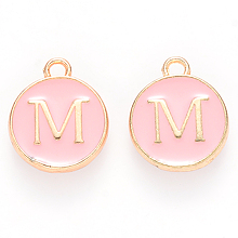 Honeyhandy Golden Plated Alloy Enamel Charms, Cadmium Free & Lead Free, Enamelled Sequins, Flat Round with Letter, Pink, Letter.M, 14x12x2mm, Hole: 1.5mm