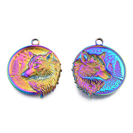 Honeyhandy Ion Plating(IP) 201 Stainless Steel Pendants, Flat Round with Wolf, Rainbow Color, 30x25.5x3mm, Hole: 2.5mm