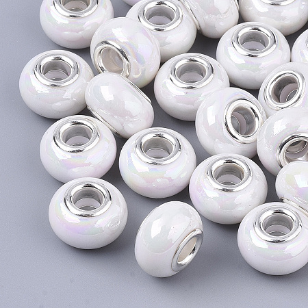 Honeyhandy Opaque Resin European Beads, Large Hole Beads, Imitation Porcelain, with Platinum Tone Brass Double Cores, AB Color, Rondelle, White, 14x9mm, Hole: 5mm