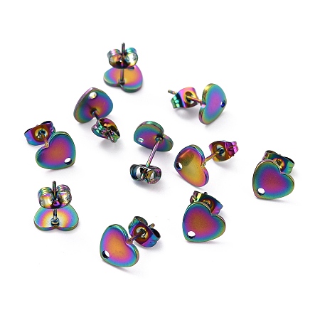 Honeyhandy Ion Plating(IP) 304 Stainless Steel Stud Earring Findings, with Ear Nuts, Heart, Rainbow Color, 12x9mm, Hole: 1.4mm, Pin: 0.7mm