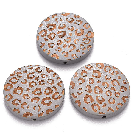 Honeyhandy Painted Natural Wood Beads, Laser Engraved Pattern, Flat Round with Leopard Print, Silver Color Plated, 30x5mm, Hole: 1.6mm