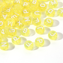 Honeyhandy Transparent Yellow Acrylic Beads, Horizontal Hole, Mixed Letters, Flat Round with White Letter, 7x4mm, Hole: 1.5mm, 100pcs/Bag