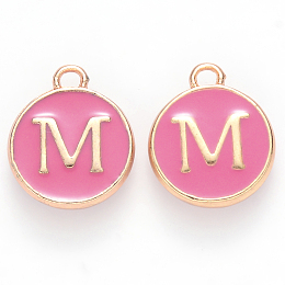 Honeyhandy Golden Plated Alloy Enamel Charms, Cadmium Free & Lead Free, Enamelled Sequins, Flat Round with Letter, Camellia, Letter.M, 14x12x2mm, Hole: 1.5mm