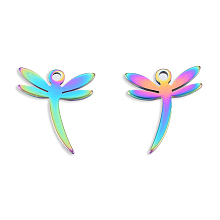 Honeyhandy Ion Plating(IP) 201 Stainless Steel Charms, Dragonfly, Rainbow Color, 12.5x11x1mm, Hole: 1.5mm