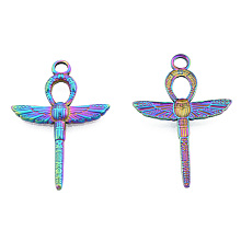 Honeyhandy Ion Plating(IP) 201 Stainless Steel Pendants, Ankh Cross with Wing, Rainbow Color, 30.5x21.5x2.5mm, Hole: 2.5mm