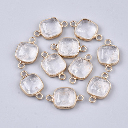 Honeyhandy Natural Quartz Crystal Links connectors, with Brass Findings, Square, Golden, 21x13x5~5.5mm, Hole: 2.5mm