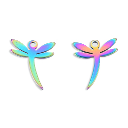 Honeyhandy Ion Plating(IP) 201 Stainless Steel Charms, Dragonfly, Rainbow Color, 12.5x11x1mm, Hole: 1.5mm