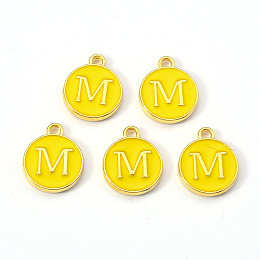 Honeyhandy Golden Plated Alloy Enamel Charms, Enamelled Sequins, Flat Round with Letter, Gold, Letter.M, 14x12x2mm, Hole: 1.5mm