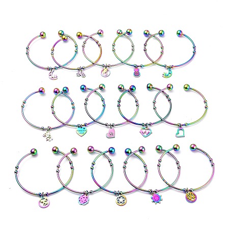 Arricraft 304 Stainless Steel Cuff Bangles, Torque Bangles, Mixed Shapes Charm Bangles, Multi-color, 2-3/8 inches(5.9cm)