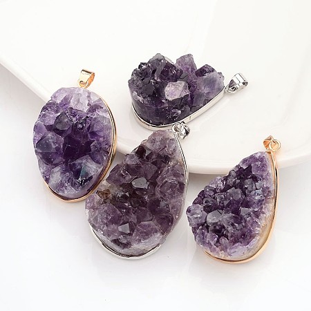 Honeyhandy Nuggets Natural Amethyst Pendants, with Brass Findings, Mixed Color, 36~49x21~30x20~21mm, Hole: 4x6mm
