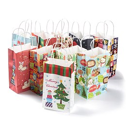 Honeyhandy Christmas Theme Kraft Paper Gift Bags, with Handles, Shopping Bags, Mixed Patterns, 13.5x8x22cm