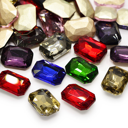 Honeyhandy Faceted Rectangle Glass Pointed Back Rhinestone Cabochons, Back Plated, Rectangle Octagon, Mixed Color, 14x10x4mm, about 18pcs/bag